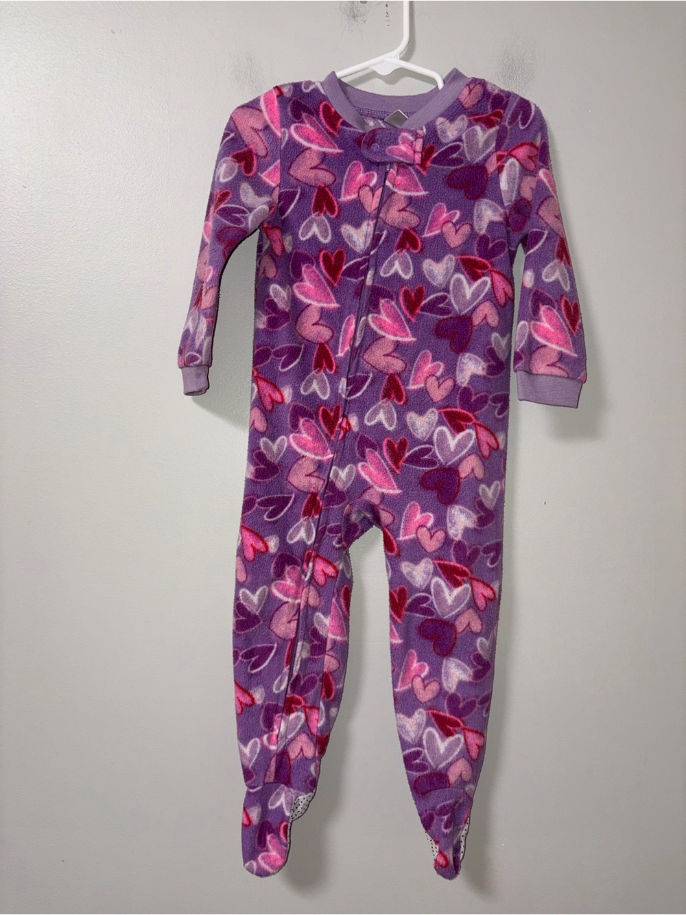 Kidgets Purple Pink Red Hearts Print Fleece Zip Footie 2T